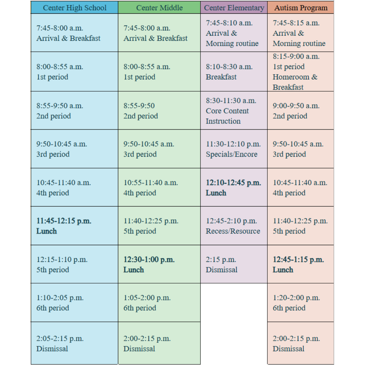 Center Schedule